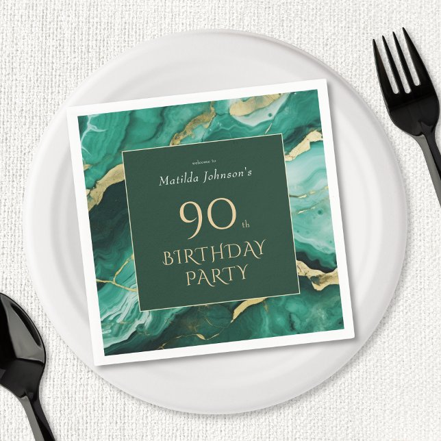 Emerald Grönt Guld Agate 90:e Födelsedagsfest Pappersservett (Emerald Green Gold Agate 90th Birthday Party Napkins)