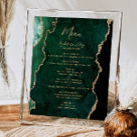 Emerald Grönt Guld Agate Bröllop Bord Menu Poster<br><div class="desc">Det moderna menytecknet i bröllop på den lämnat kant i eleganten har en framväxande grönt vattenfärgsagate i gräns som trimmas med faux guld glitter. Ord "Meny" visas i handskriftsskriptet guld-färgad. Anpassa den återstående texten med parets namn,  bröllop-datum och menydetaljer.</div>