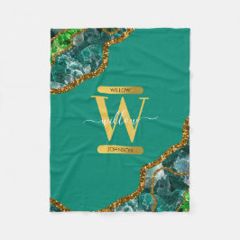 Emerald Grönt & Guld Agate Geode Glitter Monogram Fleecefilt