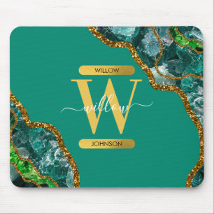Emerald Grönt & Guld Agate Geode Glitter Monogram Musmatta