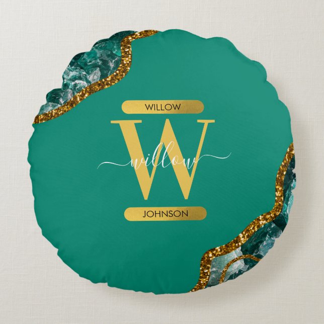 Emerald Grönt & Guld Agate Geode Glitter Monogram Rund Kudde (Framsidan)
