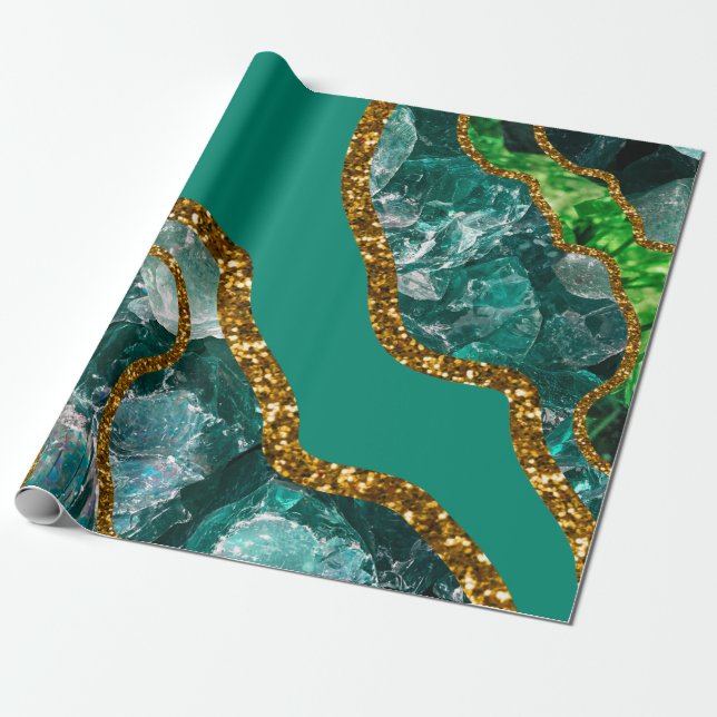 Emerald Grönt & Guld Agate Geode Glitter Presentpapper (Utrullad)