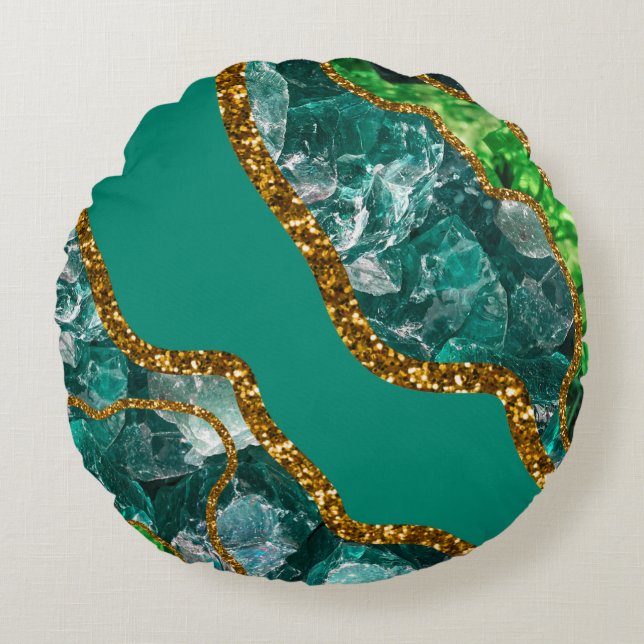Emerald Grönt & Guld Agate Geode Glitter Rund Kudde (Framsidan)