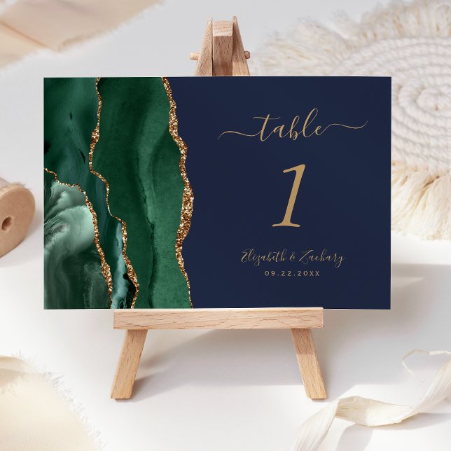 Emerald Grönt Guld Agate Navy Blue Bröllop Bordsnummer (Skapare uppladdad)