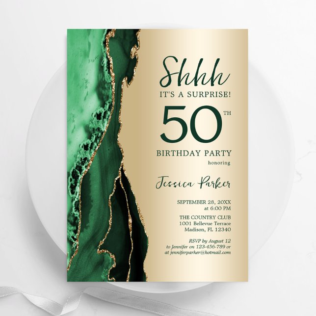 Emerald Grönt Guld Agate Surprise 50:e födelsedage Inbjudningar (Skapare uppladdad)