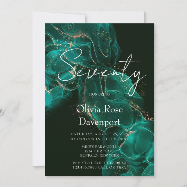 Emerald Grönt Guld Alcohol Bläck 70:e Födelsedagsf Inbjudningar (Framsida)