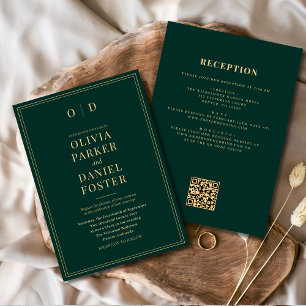Emerald Grönt Guld All in One QR Code Bröllop Inbjudningar