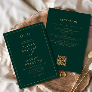 Emerald Grönt Guld All in One QR Code Bröllop Inbjudningar