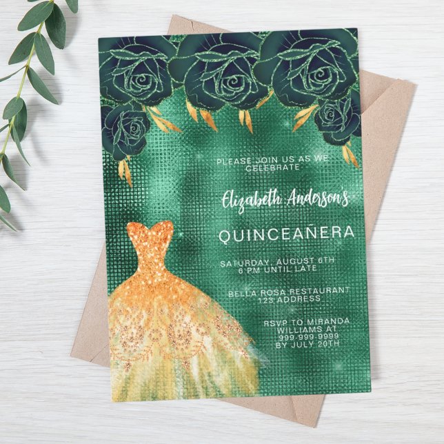 Emerald grönt guld är blommigt lyxur Quinceanera Inbjudningar (Skapare uppladdad)