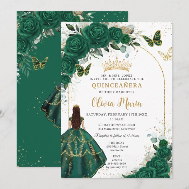 Emerald Grönt Guld Arch Butterflies Quinceañera Inbjudningar (Fram/baksida)