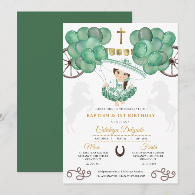 Emerald Grönt & Guld Baby Charra Mexikansk baptism Inbjudningar (Fram/baksida)