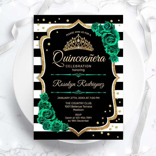 Emerald Grönt Guld Black Elegant Quinceanera Inbjudningar (Skapare uppladdad)