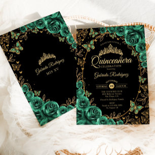 Emerald Grönt Guld Black Quinceanera Inbjudningar