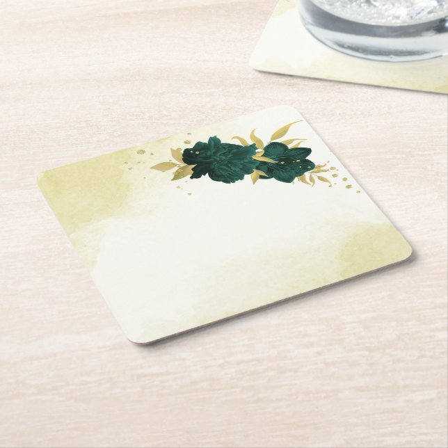 Emerald grönt guld blommigt bröllop underlägg papper kvadrat (Vinklad)
