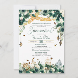 Emerald Grönt Guld Blommigt Butterflies Quinceaner Inbjudningar