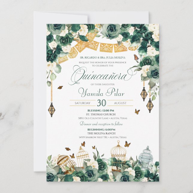 Emerald Grönt Guld Blommigt Butterflies Quinceaner Inbjudningar (Framsida)