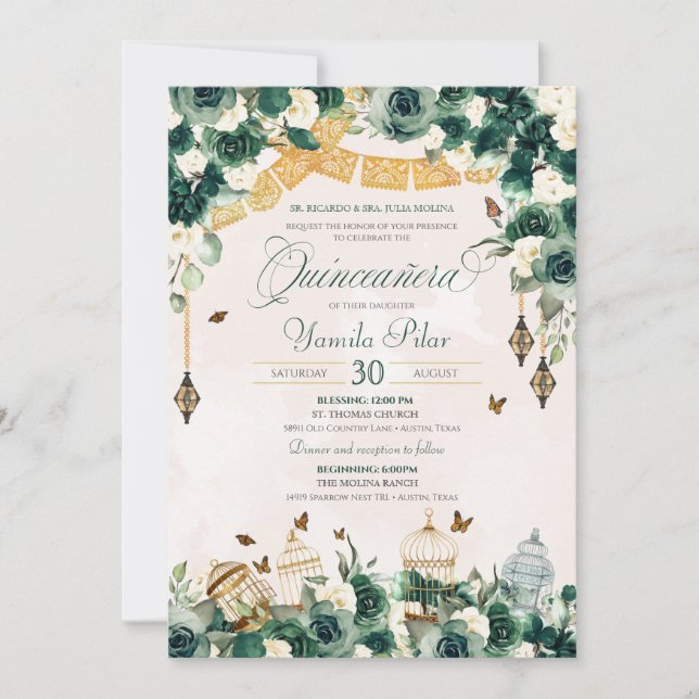 Emerald Grönt Guld Blommigt Butterflies Quinceaner Inbjudningar (Framsida)