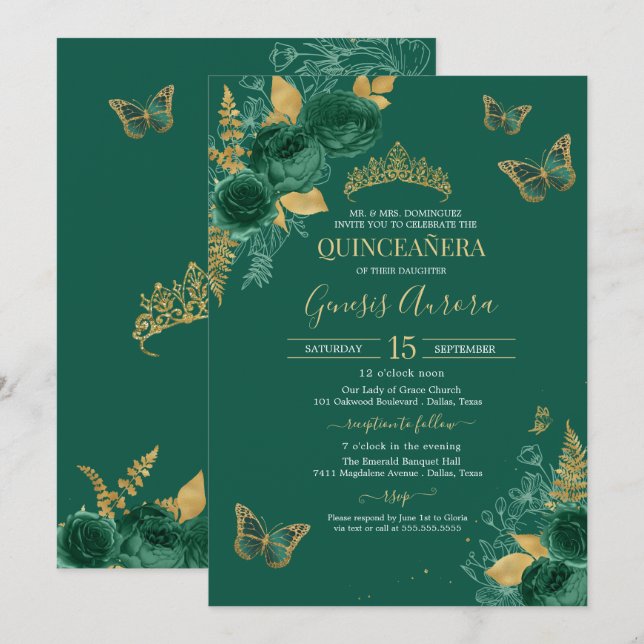 Emerald Grönt & Guld Blommigt Butterfly Quinceañer Inbjudningar (Fram/baksida)