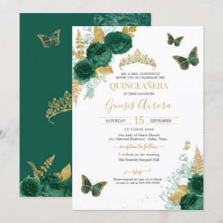 Emerald Grönt & Guld Blommigt Butterfly Quinceañer Inbjudningar