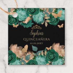 Emerald Grönt Guld Blommigt Butterfly Quinceañera Gåvor Etiketter