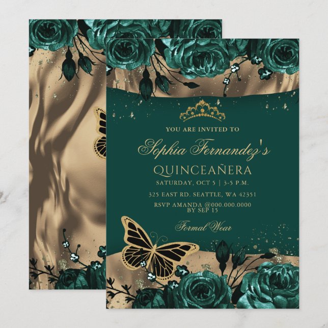 Emerald Grönt Guld Blommigt Butterfly Quinceañera Inbjudningar (Fram/baksida)