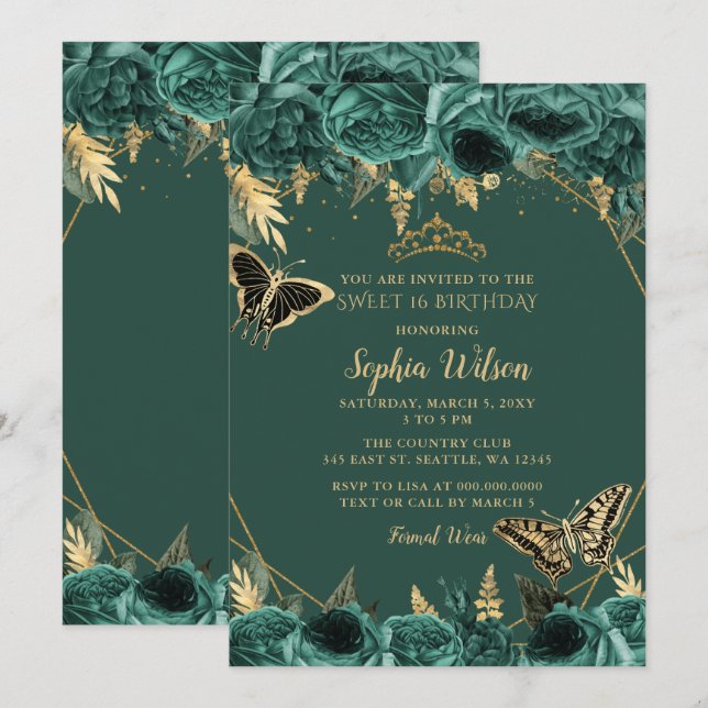 Emerald Grönt Guld Blommigt Butterfly Sweet 16 Inbjudningar (Fram/baksida)