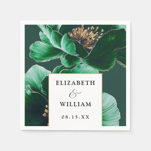 Emerald Grönt Guld Blommigt Elegant Modern Bröllop Pappersservett (Framsidan)