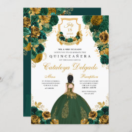 Emerald Grönt & Guld Blommigt Elegant Quinceañera Inbjudningar
