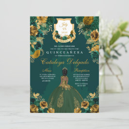 Emerald Grönt & Guld Blommigt Elegant Quinceañera Inbjudningar