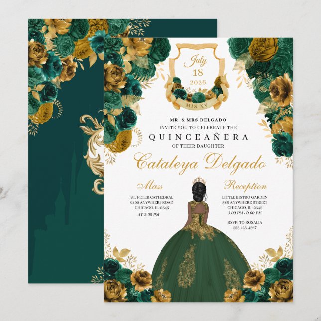 Emerald Grönt & Guld Blommigt Elegant Quinceañera Inbjudningar (Fram/baksida)