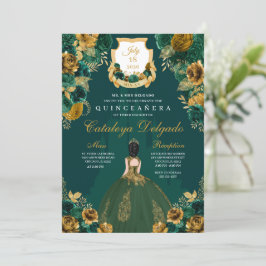 Emerald Grönt & Guld Blommigt Elegant Quinceañera Inbjudningar