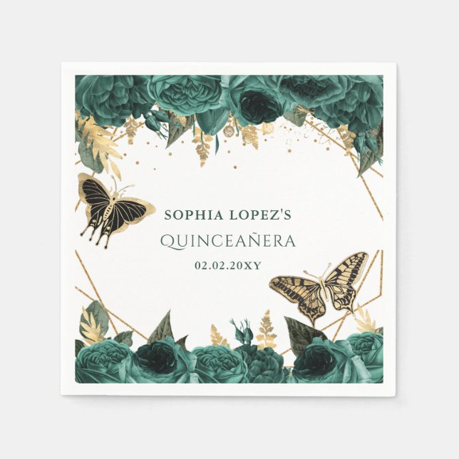 Emerald Grönt Guld Blommigt Elegant Quinceanera Pappersservett (Framsidan)