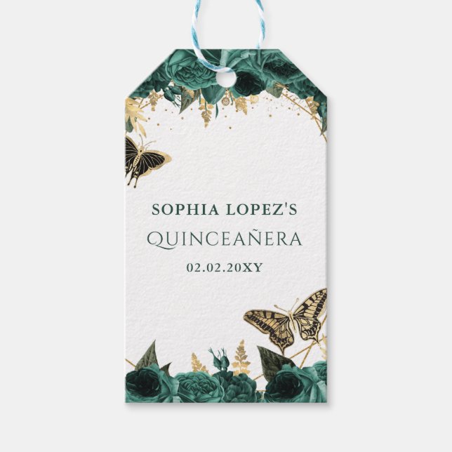Emerald Grönt Guld Blommigt Elegant Quinceanera Presentetikett (Framsidan)