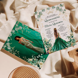 Emerald Grönt Guld Blommigt Photo Quinceanera Inbjudningar