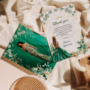 Emerald Grönt Guld Blommigt Photo Quinceanera Tack Kort