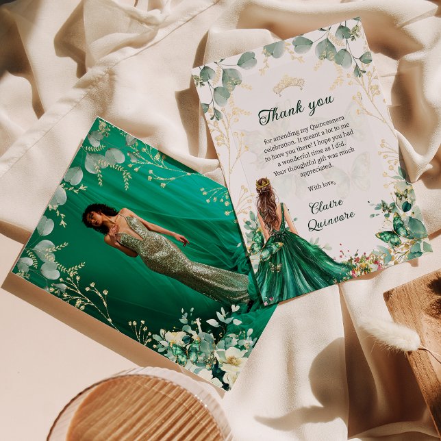 Emerald Grönt Guld Blommigt Photo Quinceanera Tack Kort (Skapare uppladdad)