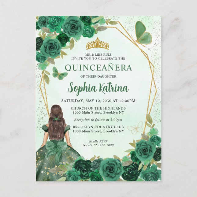 Emerald Grönt Guld Blommigt Princess Quinceañera Inbjudan Vykort (Framsida)