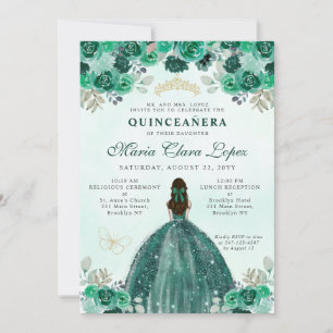 Emerald Grönt Guld Blommigt Princess Quinceañera Inbjudningar