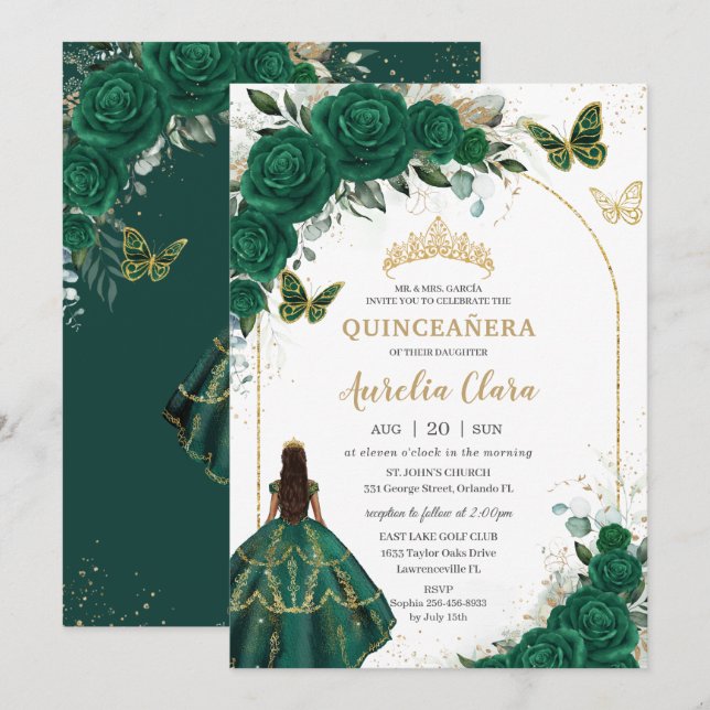 Emerald Grönt Guld Blommigt Princess Quinceañera Inbjudningar (Fram/baksida)