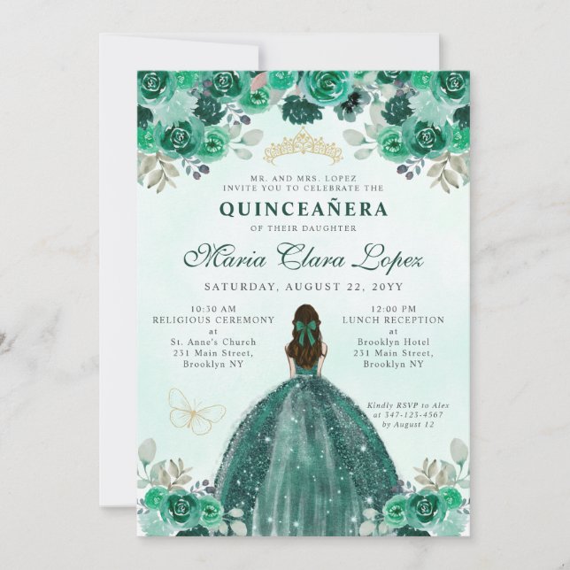 Emerald Grönt Guld Blommigt Princess Quinceañera Inbjudningar (Framsida)