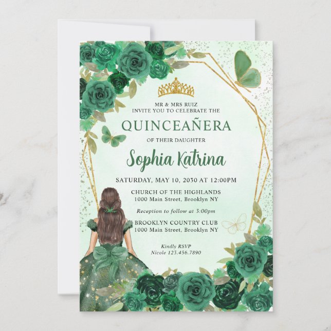 Emerald Grönt Guld Blommigt Princess Quinceañera Inbjudningar (Framsida)