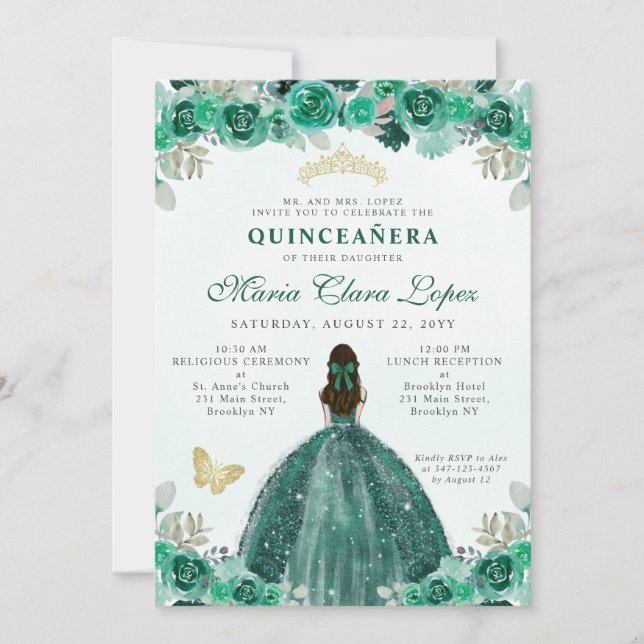 Emerald Grönt Guld Blommigt Princess Quinceañera Inbjudningar (Framsida)