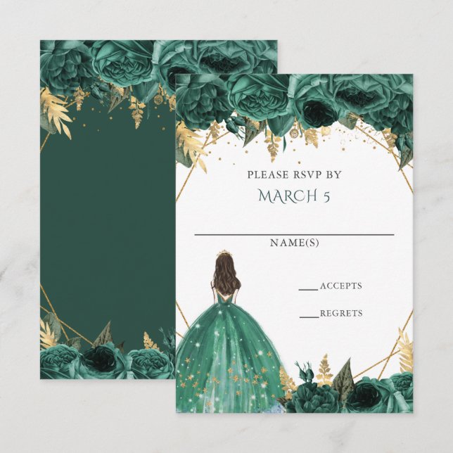 Emerald Grönt Guld Blommigt Princess Quinceanera OSA Kort (Fram/baksida)