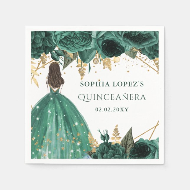 Emerald Grönt Guld Blommigt Princess Quinceanera Pappersservett (Framsidan)