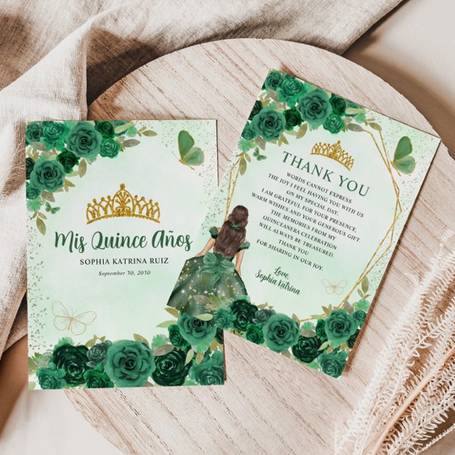 Emerald Grönt Guld Blommigt Princess Quinceañera Tack Kort (Skapare uppladdad)