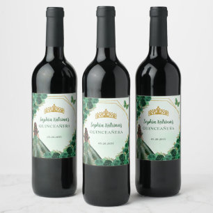 Emerald Grönt Guld Blommigt Princess Quinceañera Vinflaska Etikett