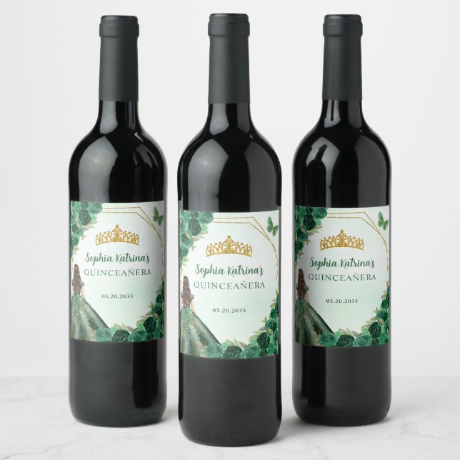 Emerald Grönt Guld Blommigt Princess Quinceañera Vinflaska Etikett (Flaskor)