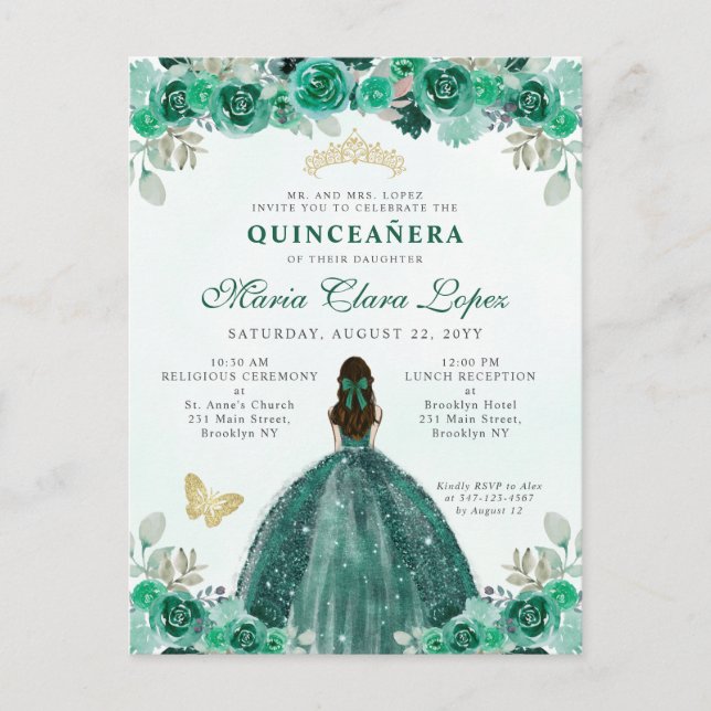 Emerald Grönt Guld Blommigt Princess Quinceañera Vykort (Framsida)