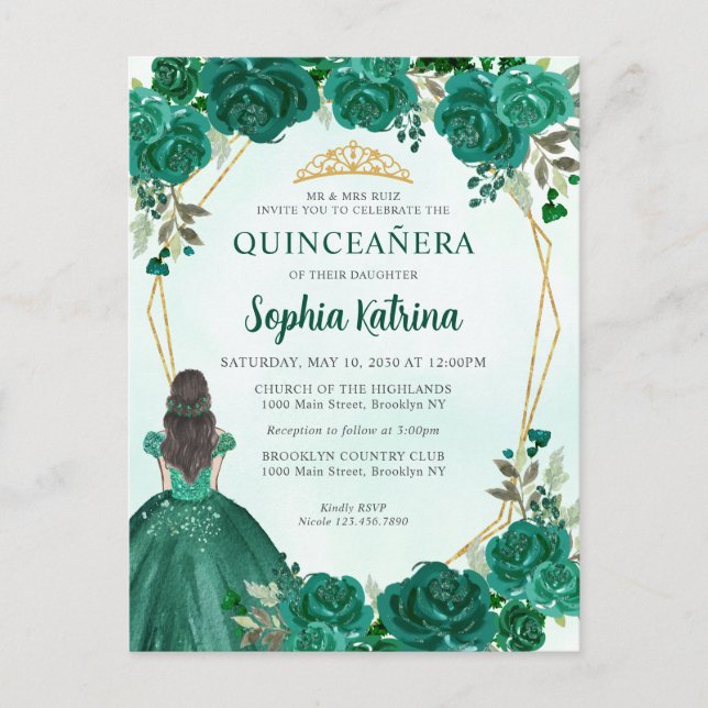 Emerald Grönt Guld Blommigt Princess Quinceañera Vykort (Framsida)