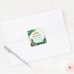 Emerald Grönt Guld Blommigt Princess Tiara Favor Fyrkantigt Klistermärke